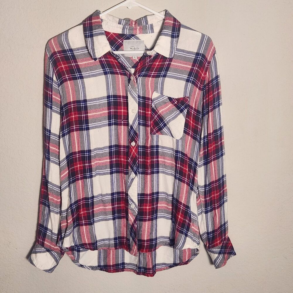 Rails Plaid Button Front Shirt Womens Small Red Blue White Rayon Flannel Top